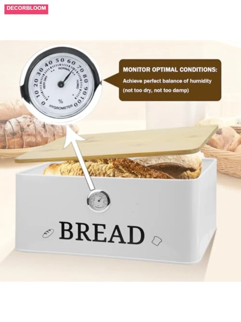 Bread Box with Bamboo Lid Cutting Board Hygrometer